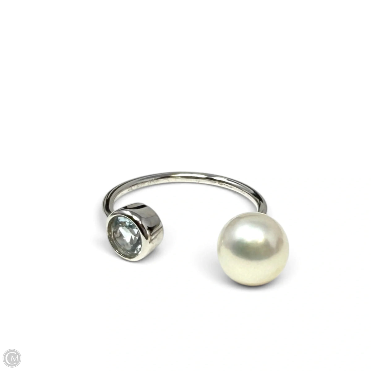 Sterling Silver, Pearl & Blue Gem Open Ring