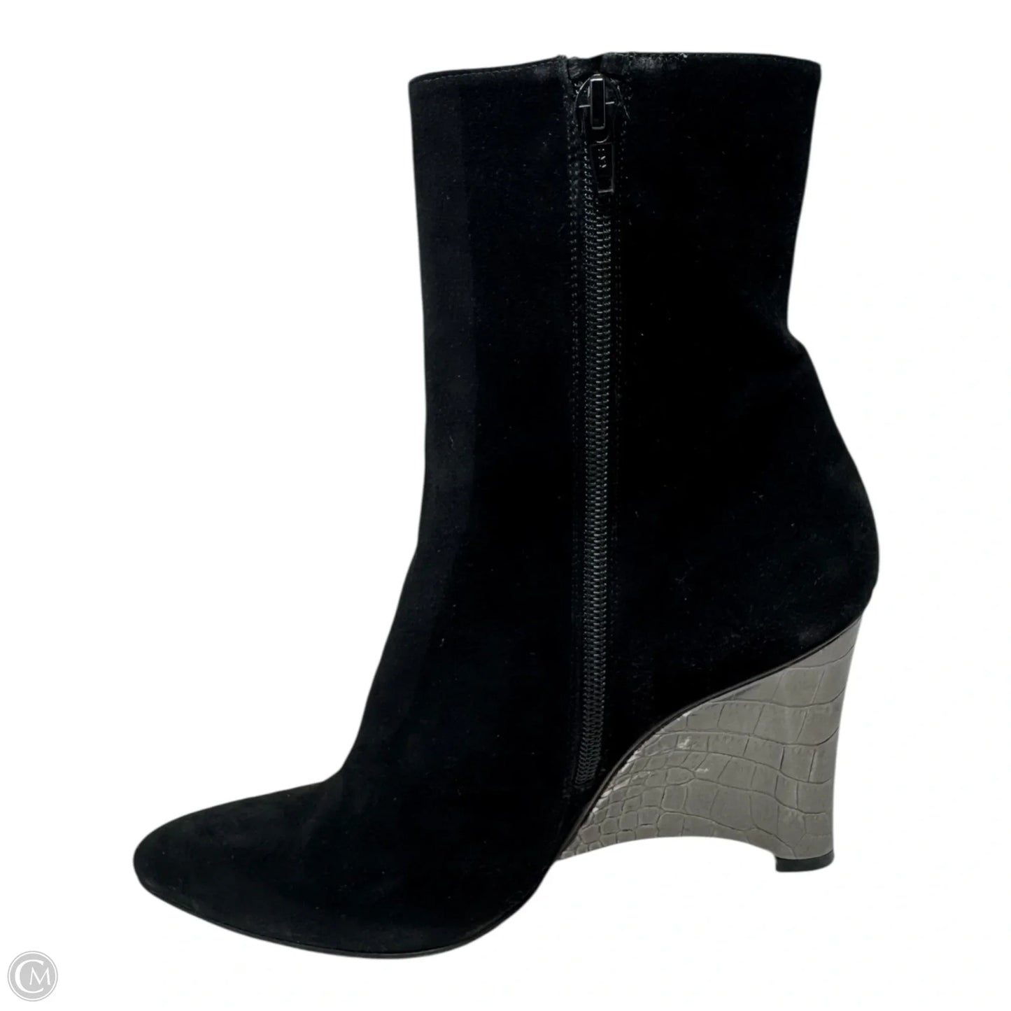Suede Croc Embossed Wedge Heel Ankle Boots Designer By Stuart Weitzman In Black & Silver, Size: 9.5