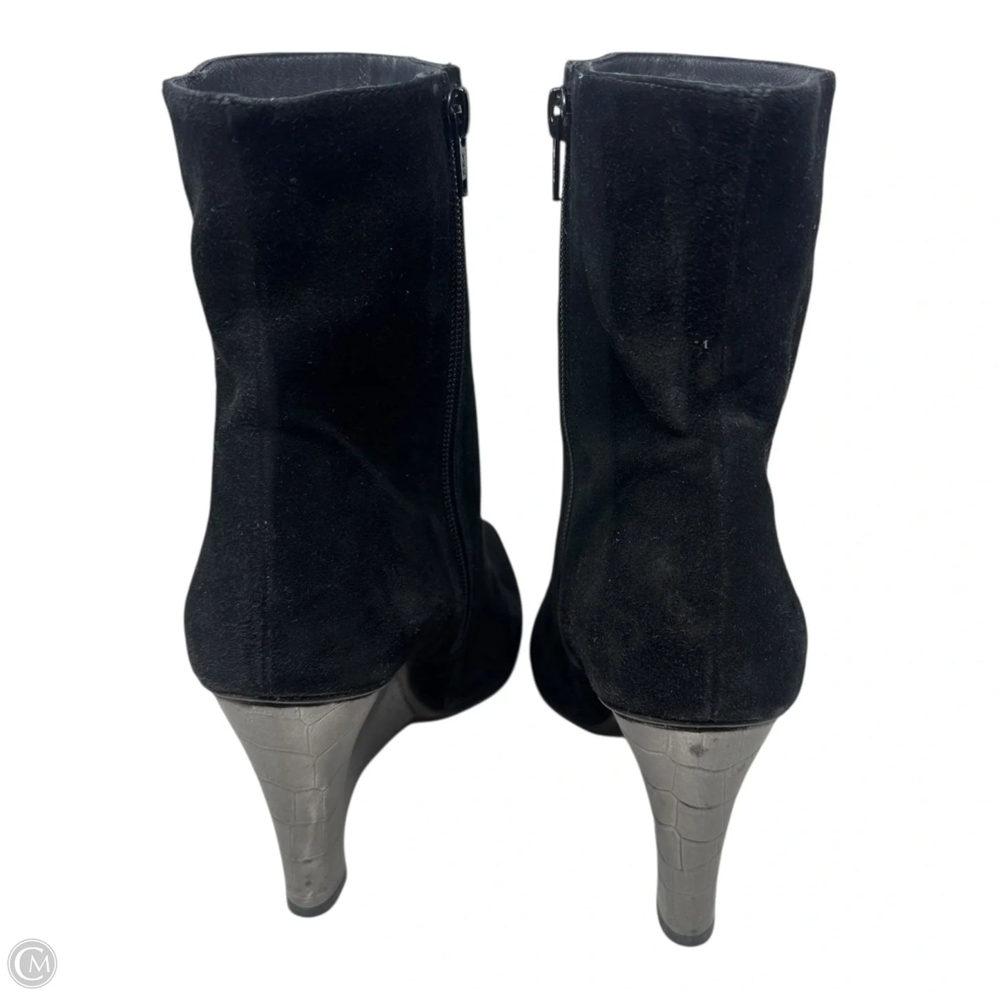 Suede Croc Embossed Wedge Heel Ankle Boots Designer By Stuart Weitzman In Black & Silver, Size: 9.5