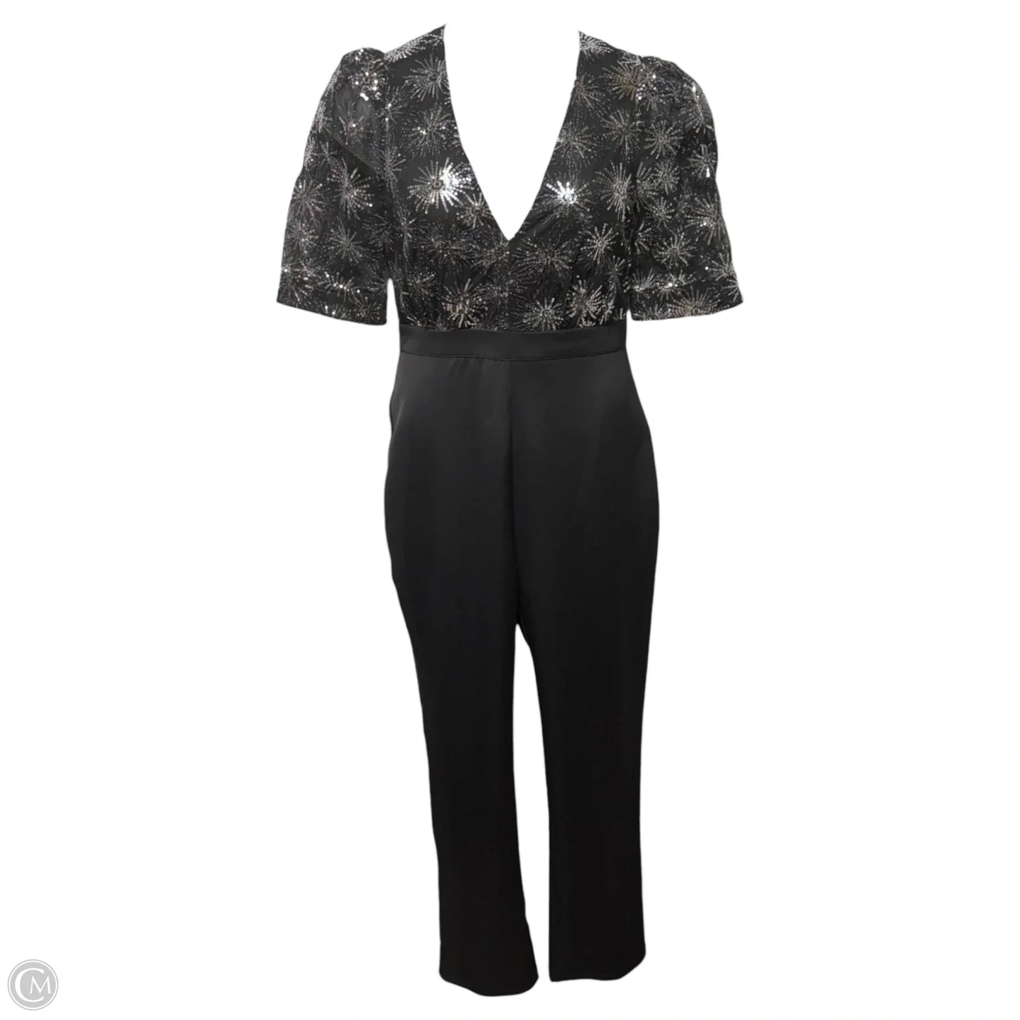 Sequined V-Neck Jumpsuit By Adelyn Rae In Black & Silver, Size: M