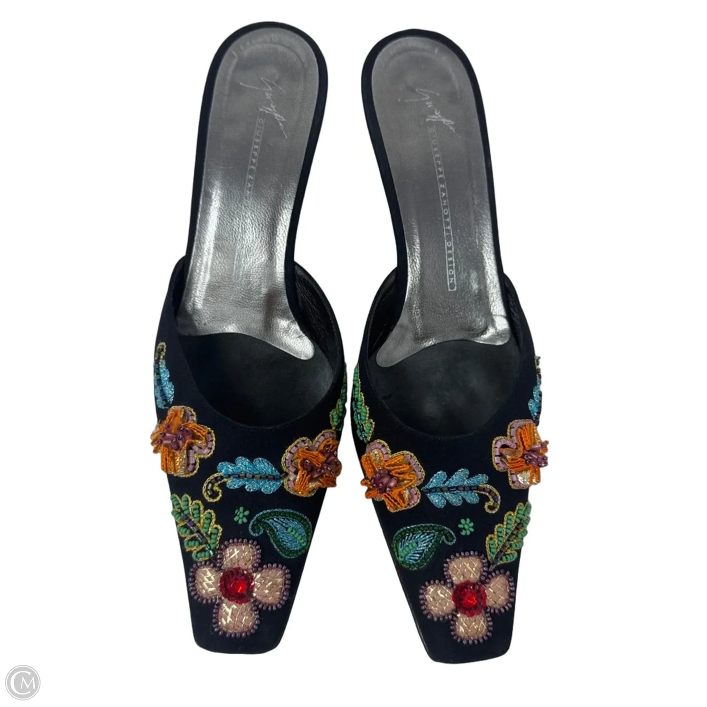 Beaded Kitten Heel Mules Shoes Designer By Giuseppe Zanotti In Floral Print, Size: 7.5