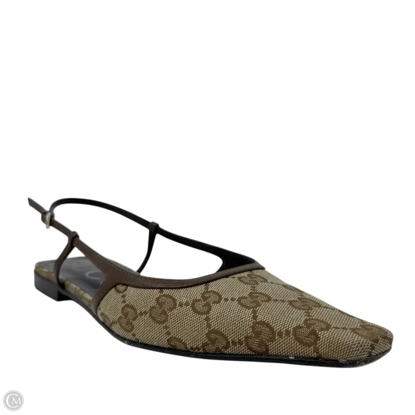 GG Monogram Malaga Kid Square Toe Slingback Pumps Luxury Designer By Gucci In Beige Ebony New Acero, Size: 8 (IT 38)