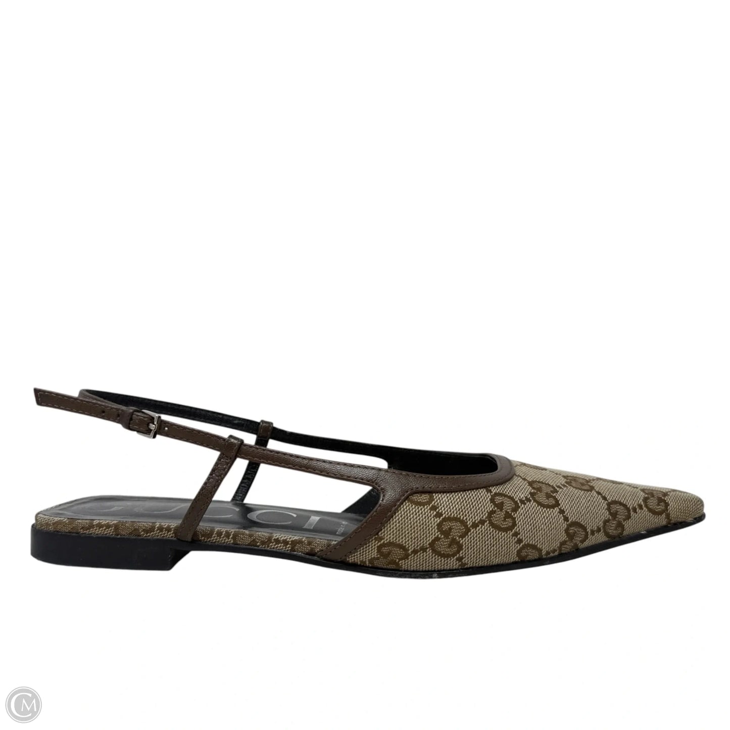 GG Monogram Malaga Kid Square Toe Slingback Pumps Luxury Designer By Gucci In Beige Ebony New Acero, Size: 8 (IT 38)