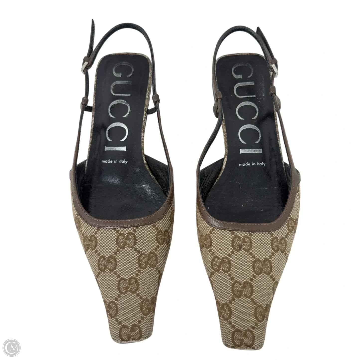 GG Monogram Malaga Kid Square Toe Slingback Pumps Luxury Designer By Gucci In Beige Ebony New Acero, Size: 8 (IT 38)