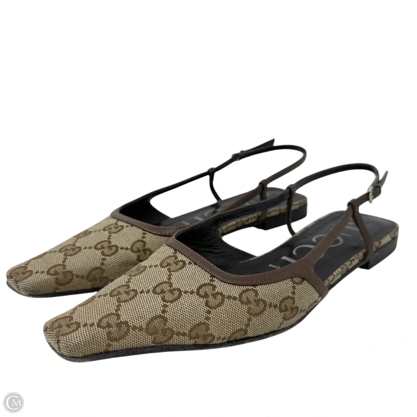GG Monogram Malaga Kid Square Toe Slingback Pumps Luxury Designer By Gucci In Beige Ebony New Acero, Size: 8 (IT 38)