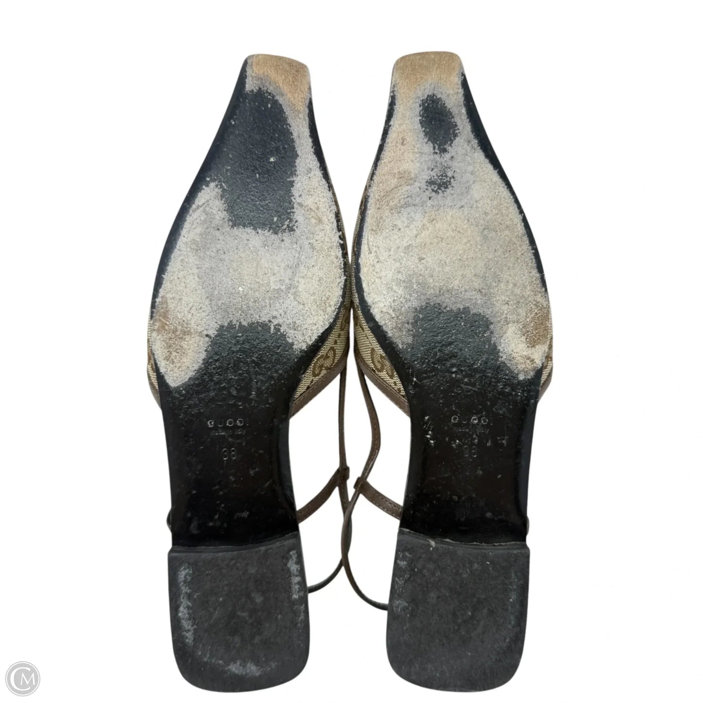GG Monogram Malaga Kid Square Toe Slingback Pumps Luxury Designer By Gucci In Beige Ebony New Acero, Size: 8 (IT 38)
