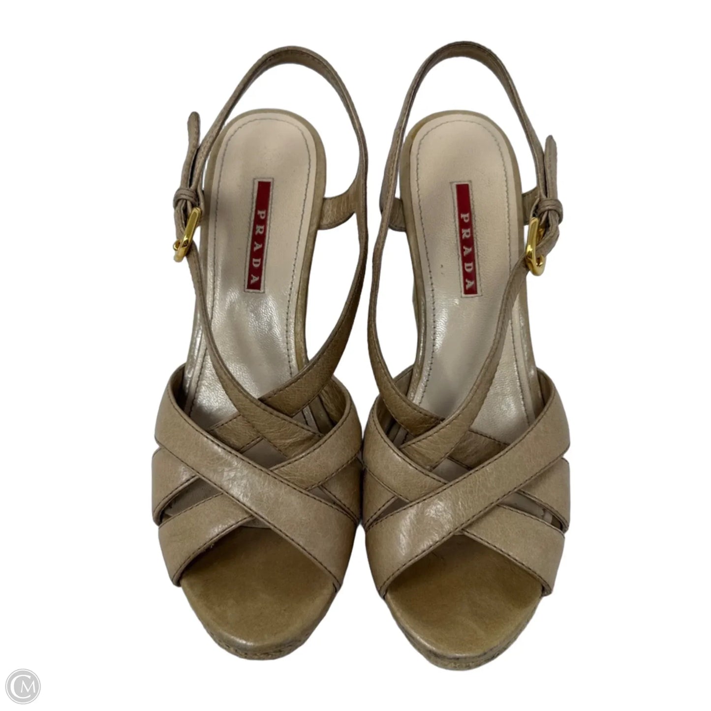 Leather and Cork Espadrille Wedge Sandals Luxury Designer By Prada In Tan, Size: 8