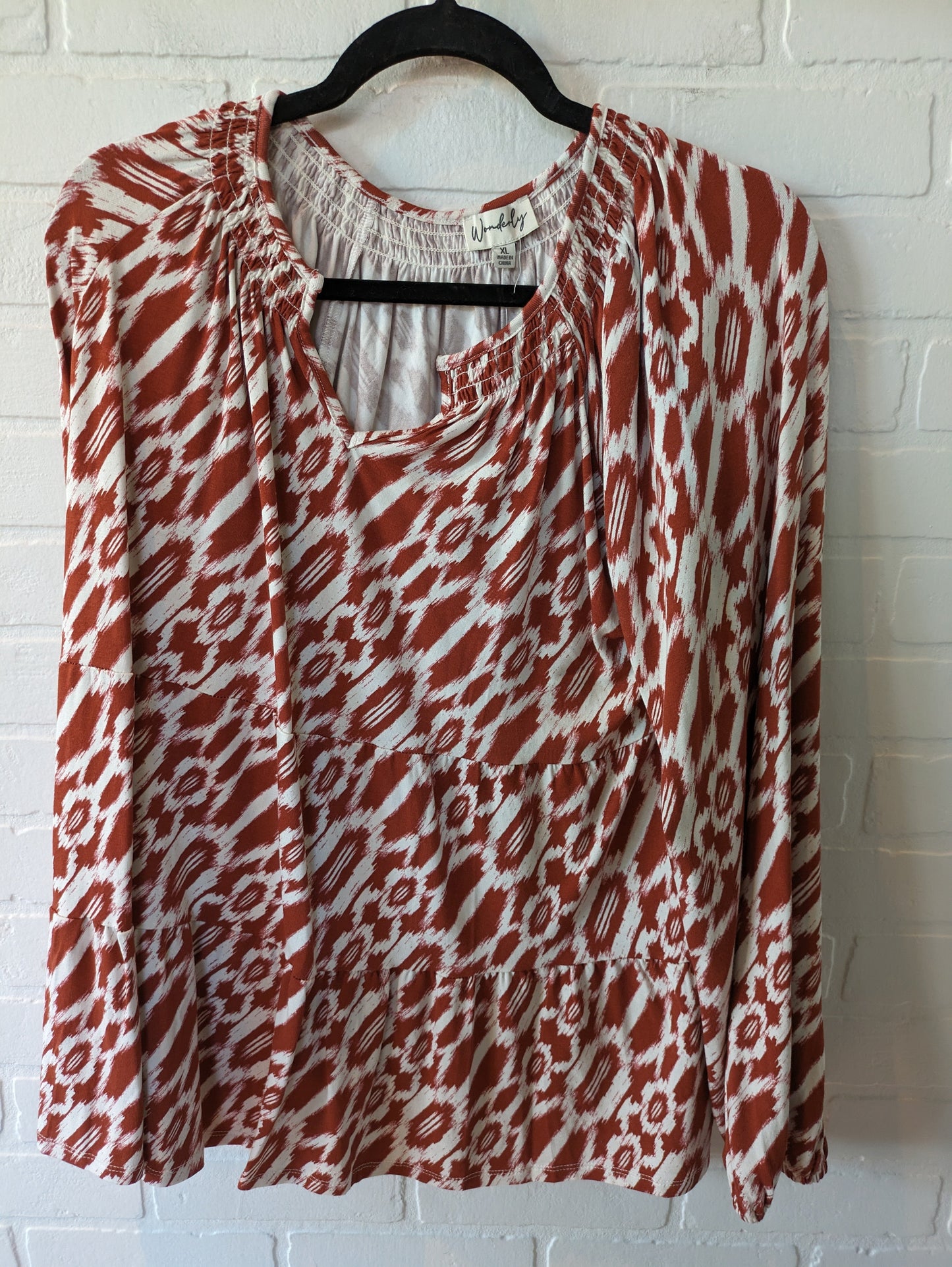 Brown & White Blouse Long Sleeve Wonderly, Size Xl