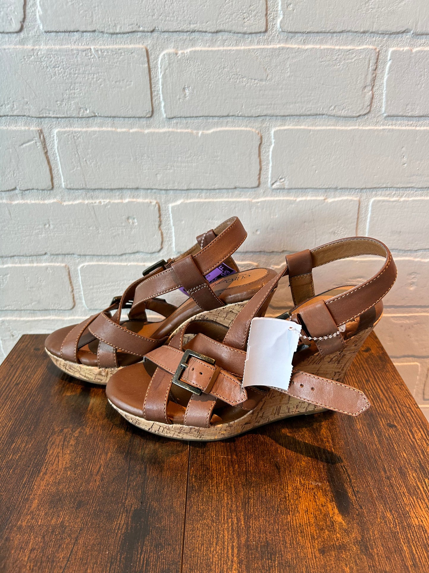 Brown Sandals Heels Wedge Sofft, Size 7