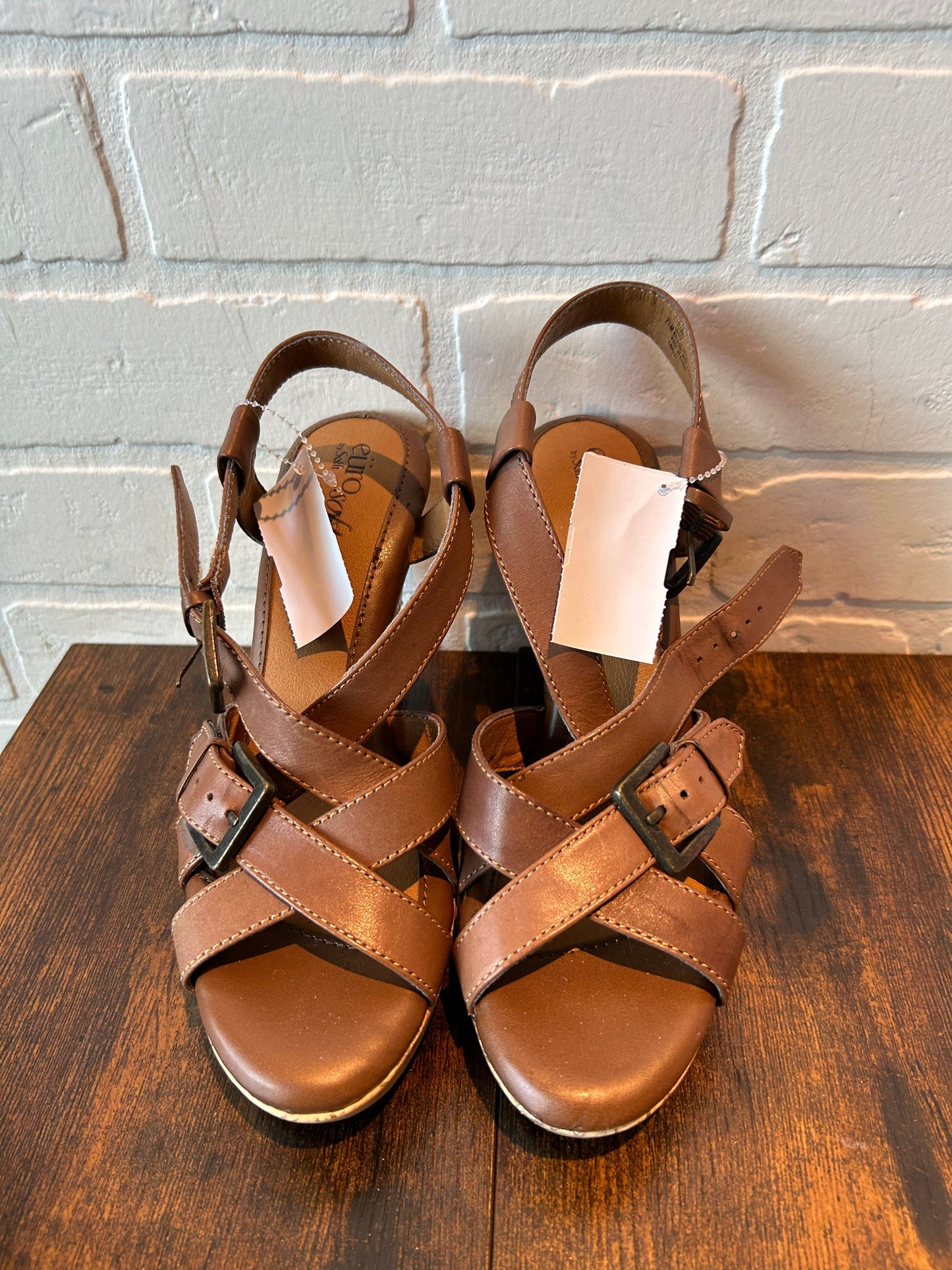 Brown Sandals Heels Wedge Sofft, Size 7