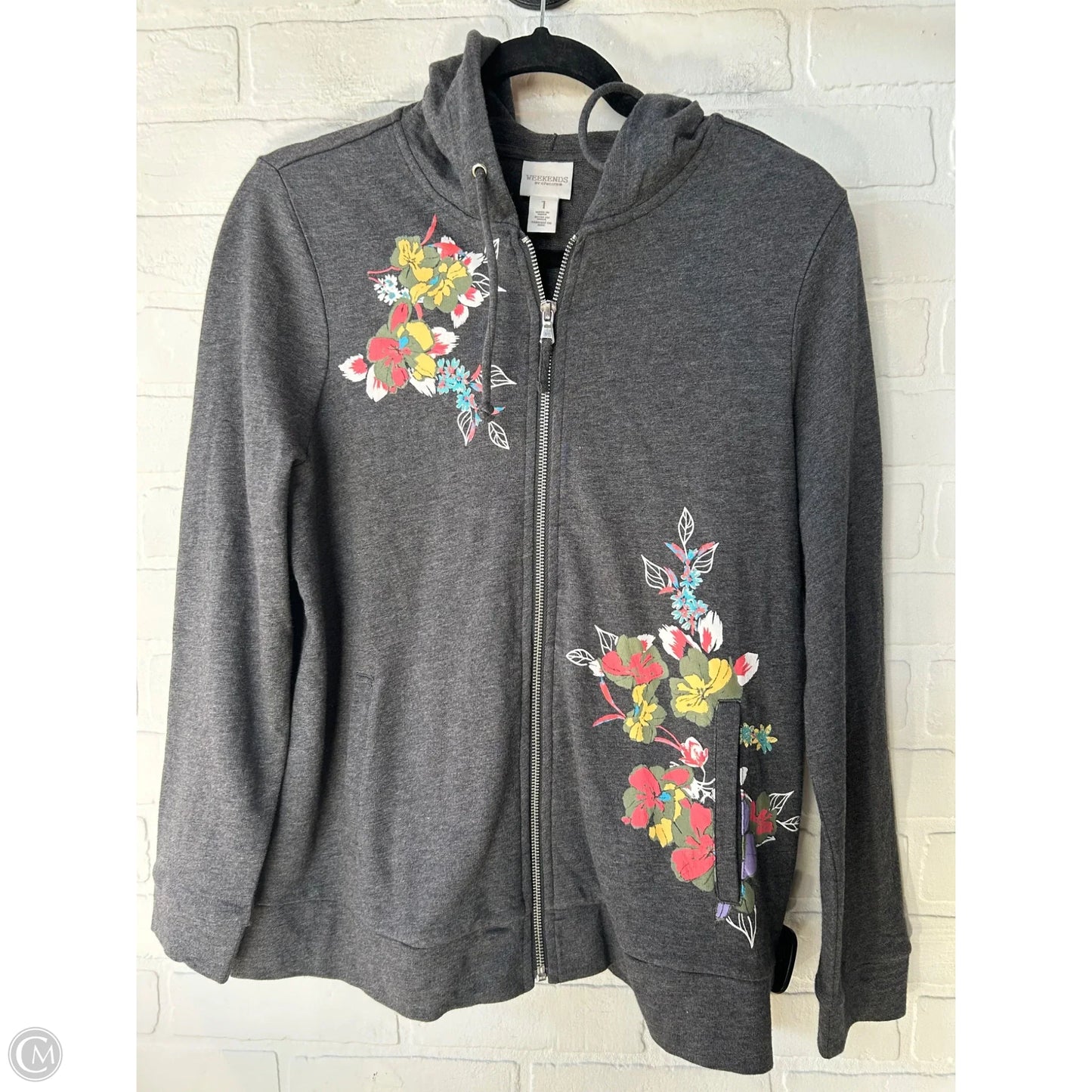 Sweatshirt Hoodie By Chicos In Grey & White, Size: M