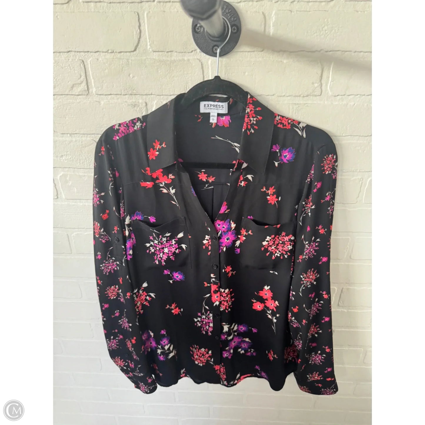 Blouse Long Sleeve By Express In Black & Purple, Size: L