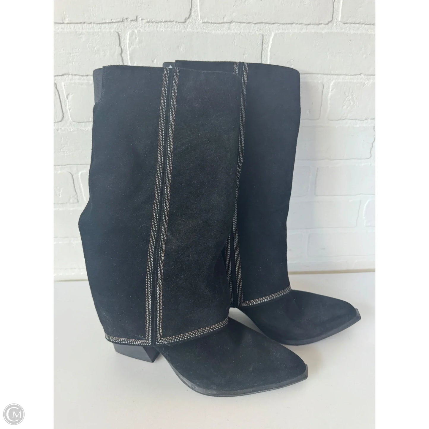 Boots Knee Heels By Marc Fisher In Black & Tan, Size: 11