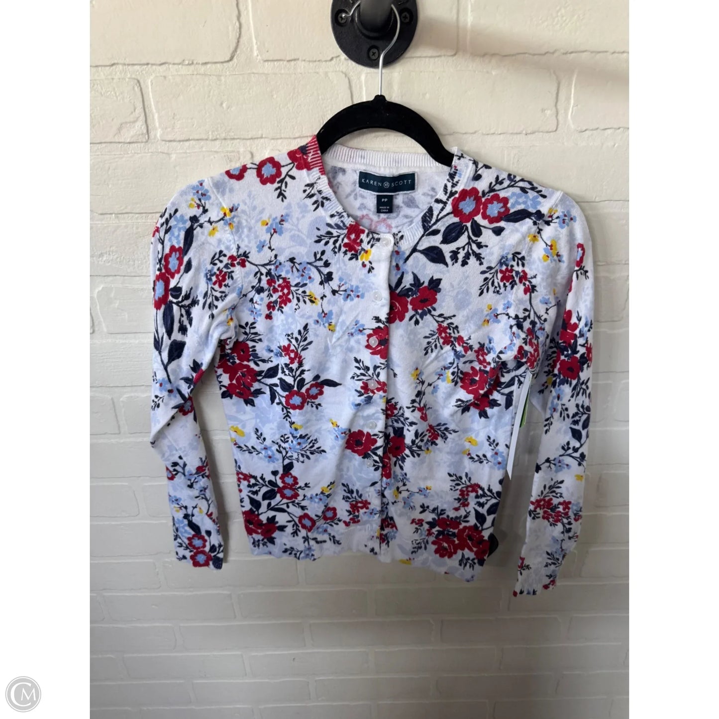 Sweater Cardigan By Karen Scott In Blue & Red & White, Size: Xsp
