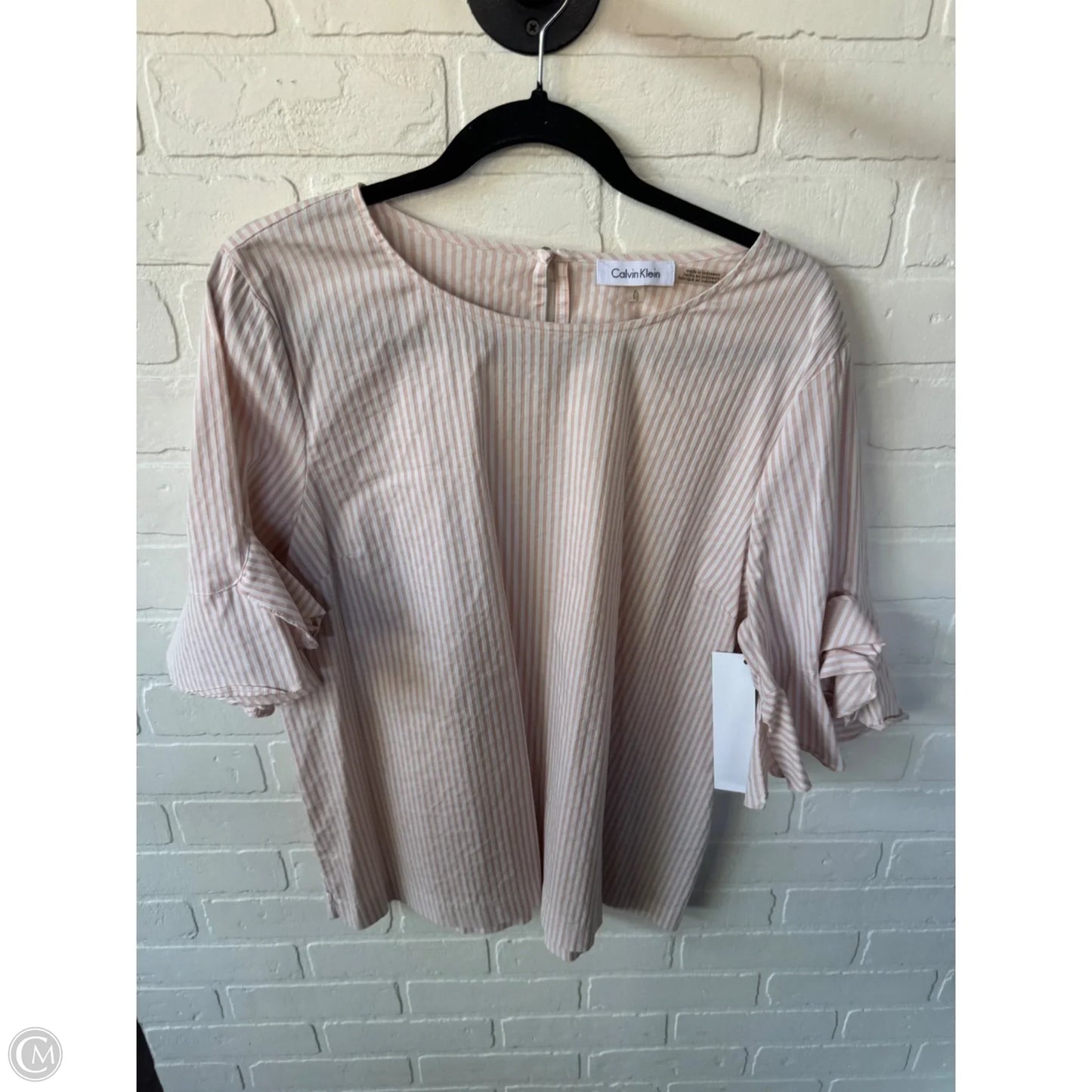 Blouse Short Sleeve By Calvin Klein In Pink & White, Size: Xl