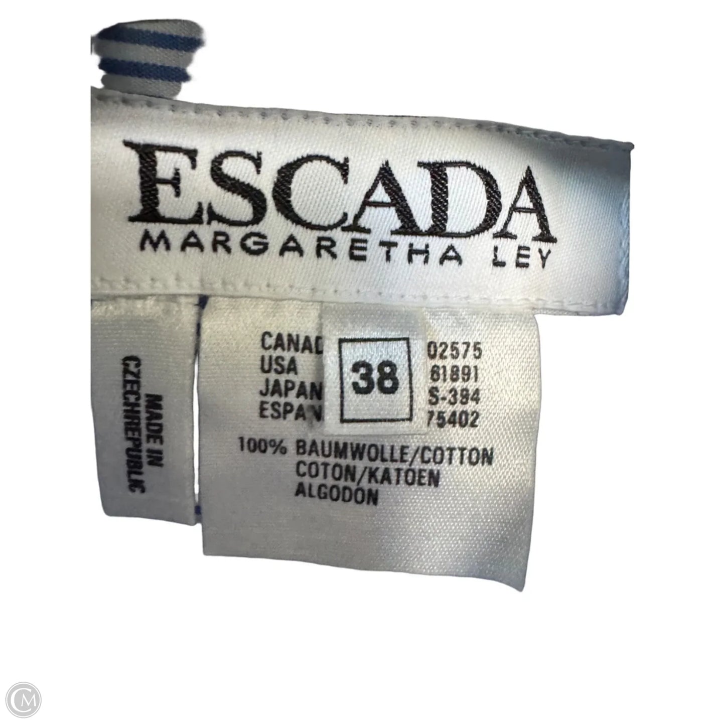 Top Long Sleeve Designer By Escada In Blue & White, Size: M