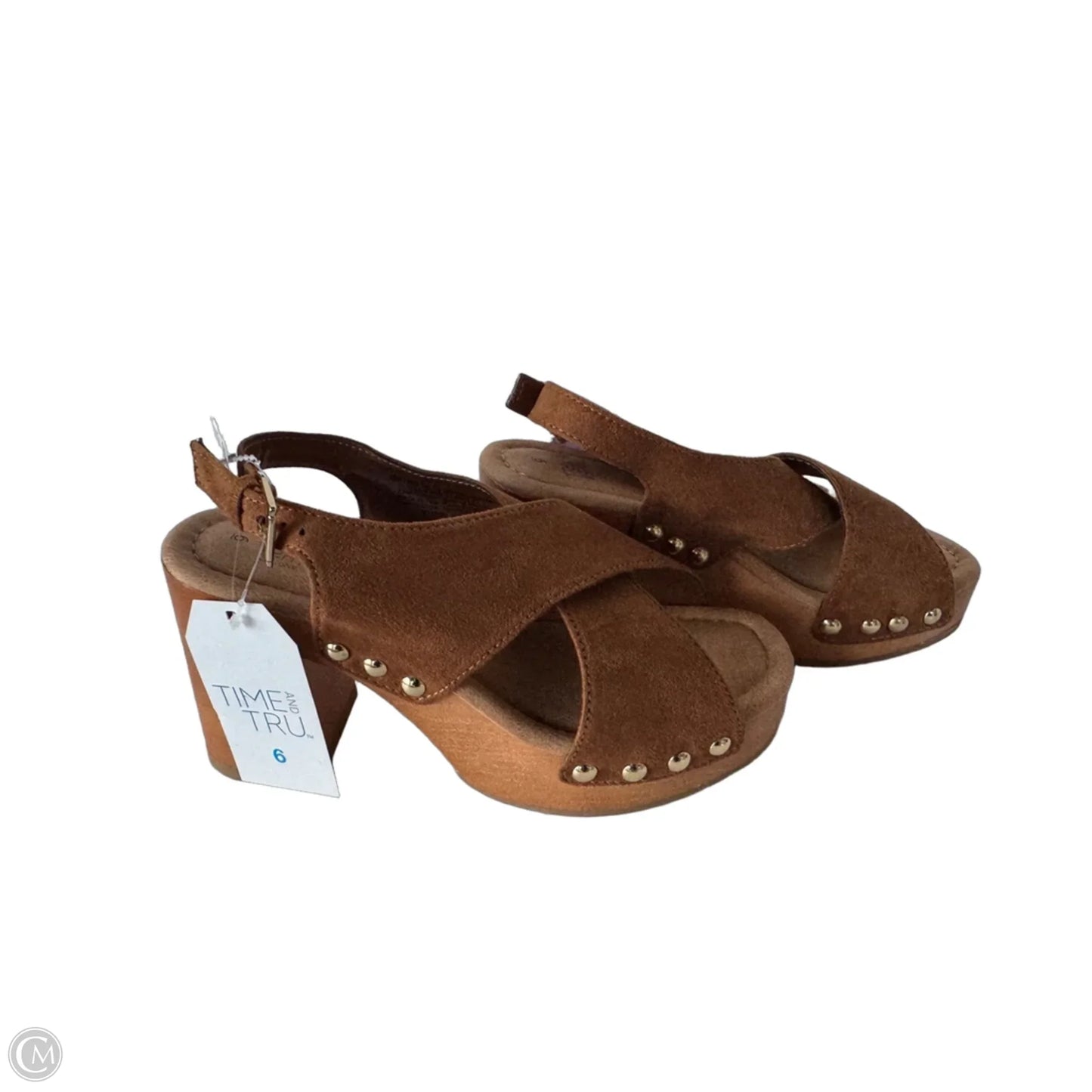 Sandals Heels Block By Time And Tru In Brown & Gold, Size: 6