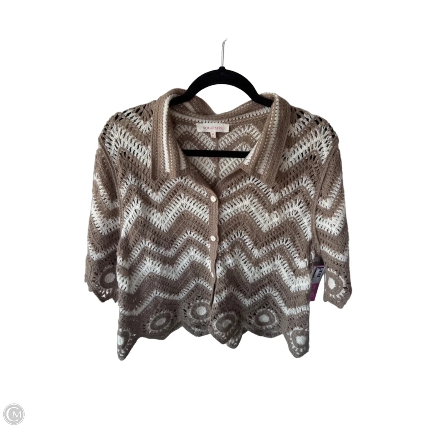 Sweater Cardigan By Solitaire In Brown & Cream, Size: M