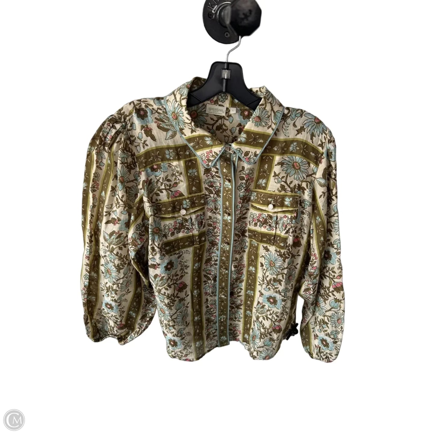 Blouse Designer By Spartina In Green & Tan, Size: L