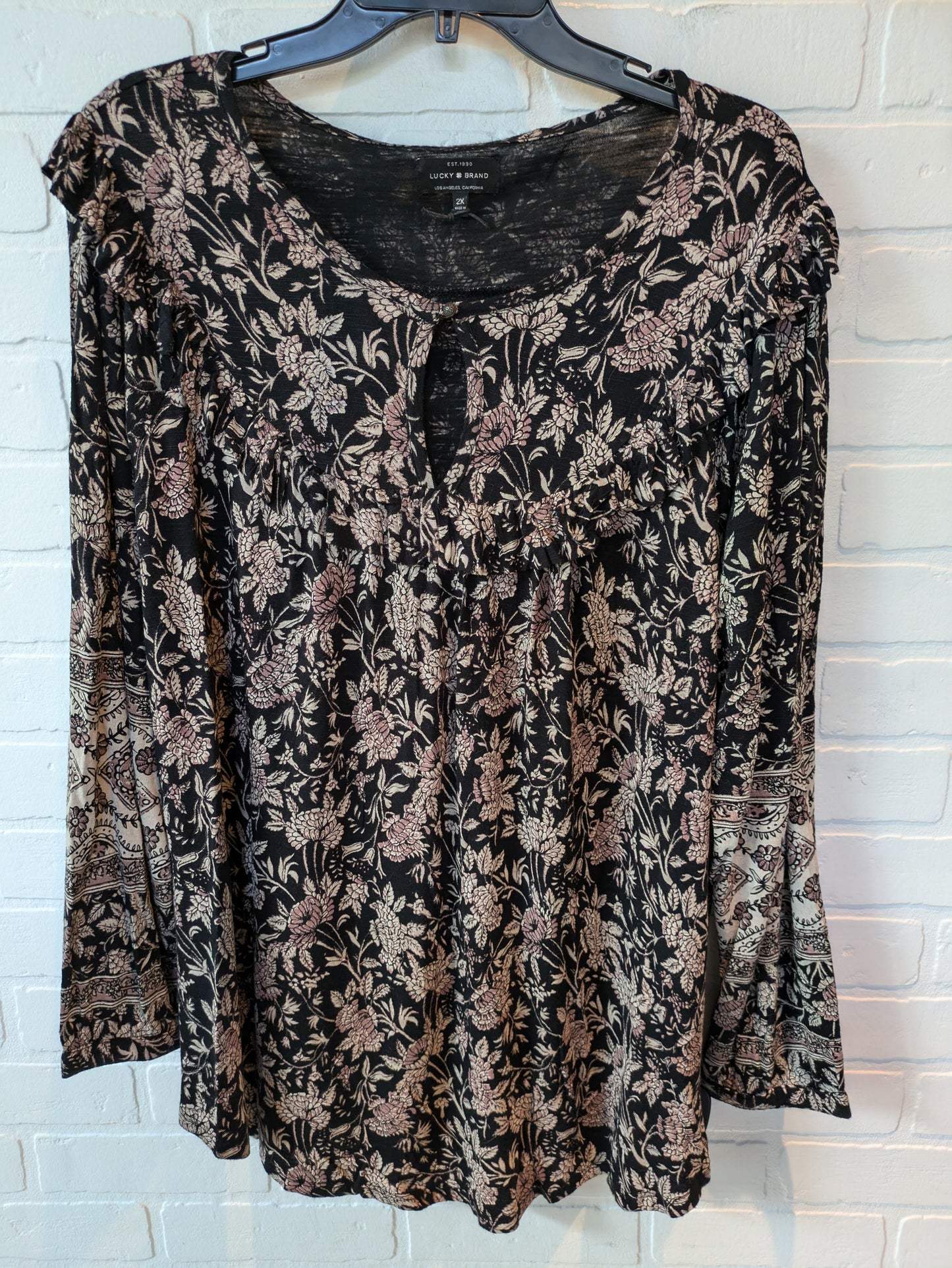 Blouse Long Sleeve By Lucky Brand In Black Tan, Size: 2x