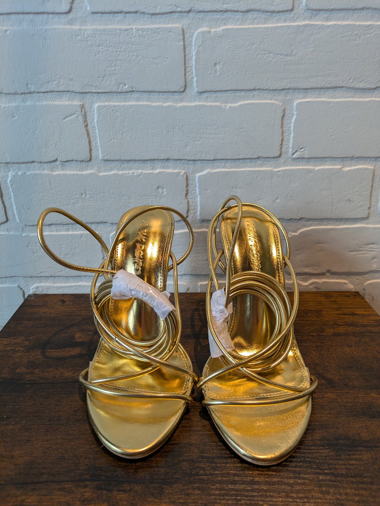 Gold Sandals Heels Block Public Desire, Size 5