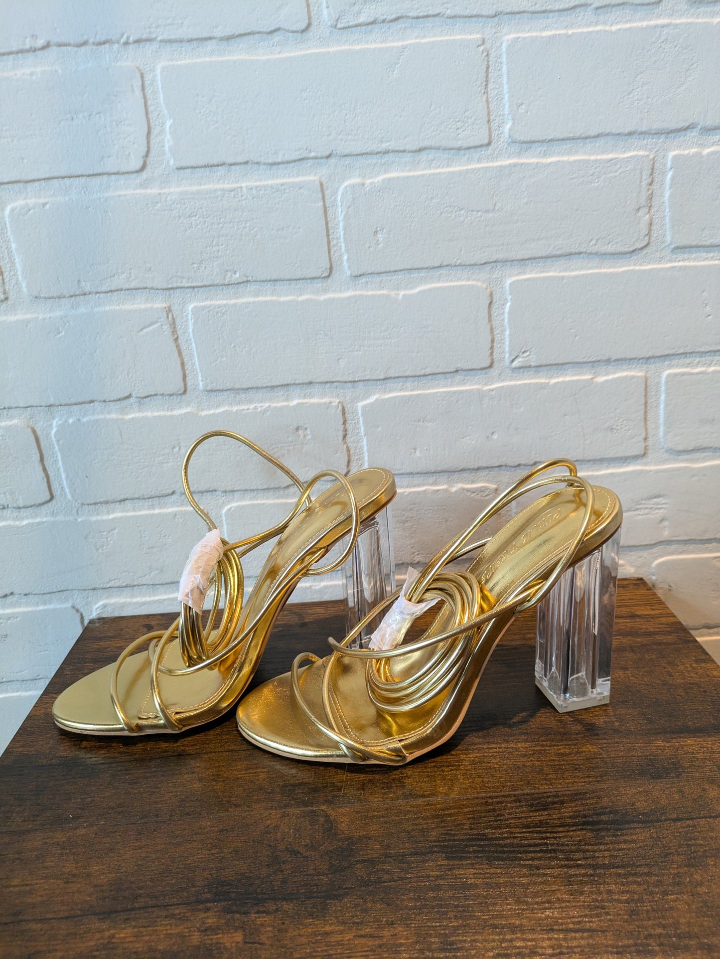 Gold Sandals Heels Block Public Desire, Size 5