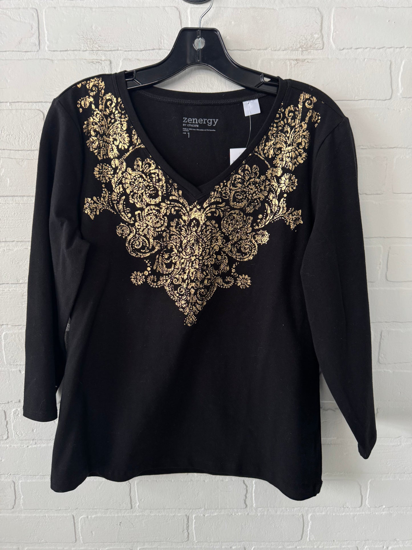 Top 3/4 Sleeve By Zenergy By Chicos In Black & Gold, Size: M