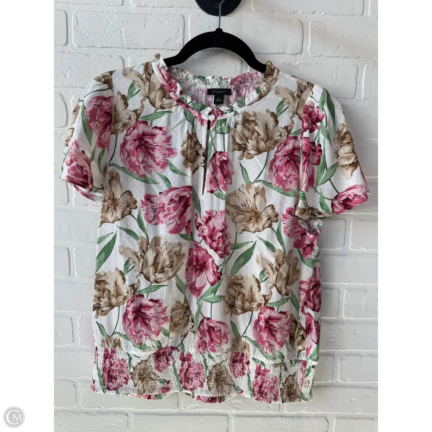 Top Short Sleeve By Ann Taylor In Pink & White, Size: L