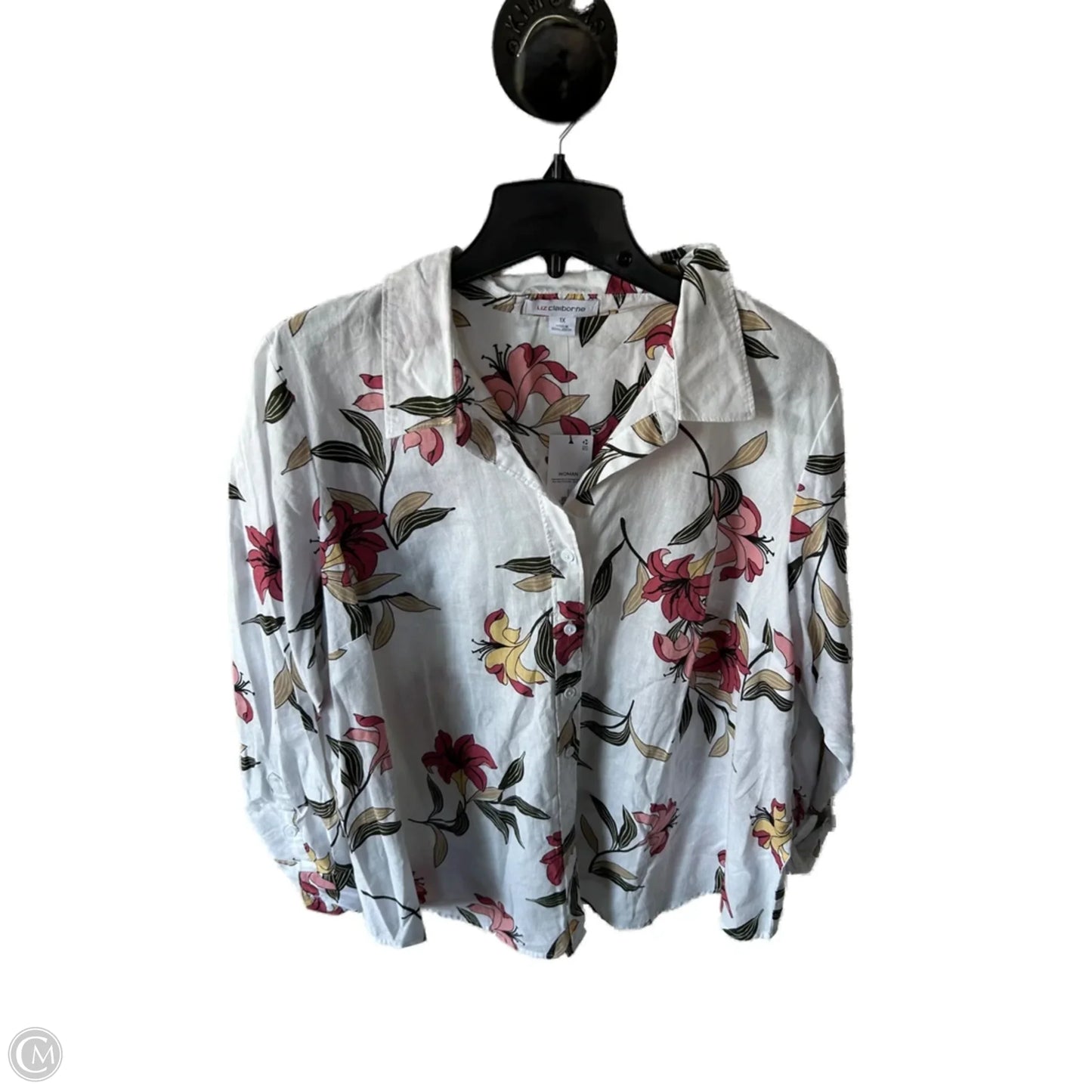 Top Long Sleeve By Liz Claiborne In Pink & White, Size: 1x