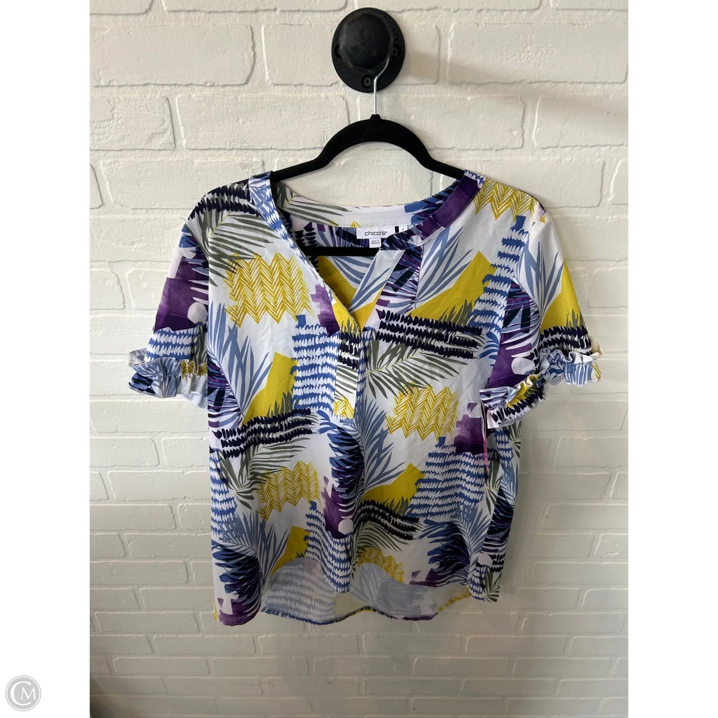 Top Short Sleeve By Chicos In Blue & Yellow, Size: L