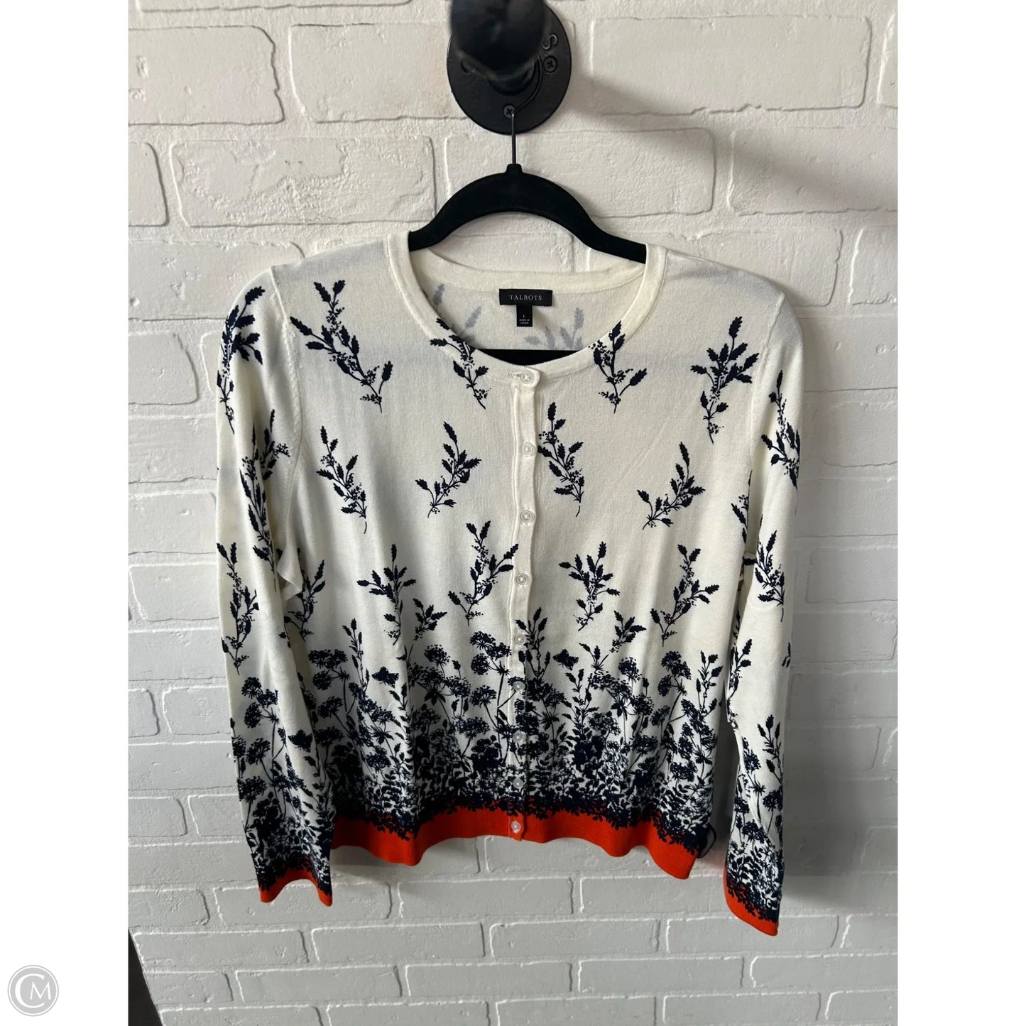 Sweater Cardigan By Talbots In Blue & Cream, Size: L