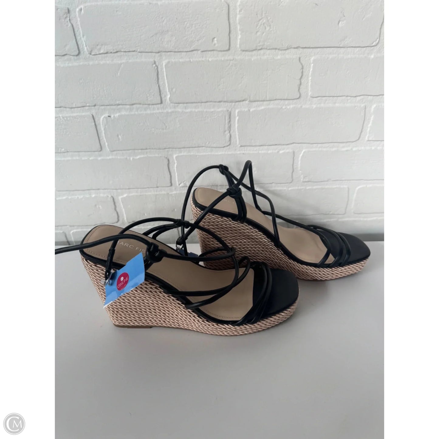 Sandals Heels Wedge By Marc Fisher In Black & Gold, Size: 11