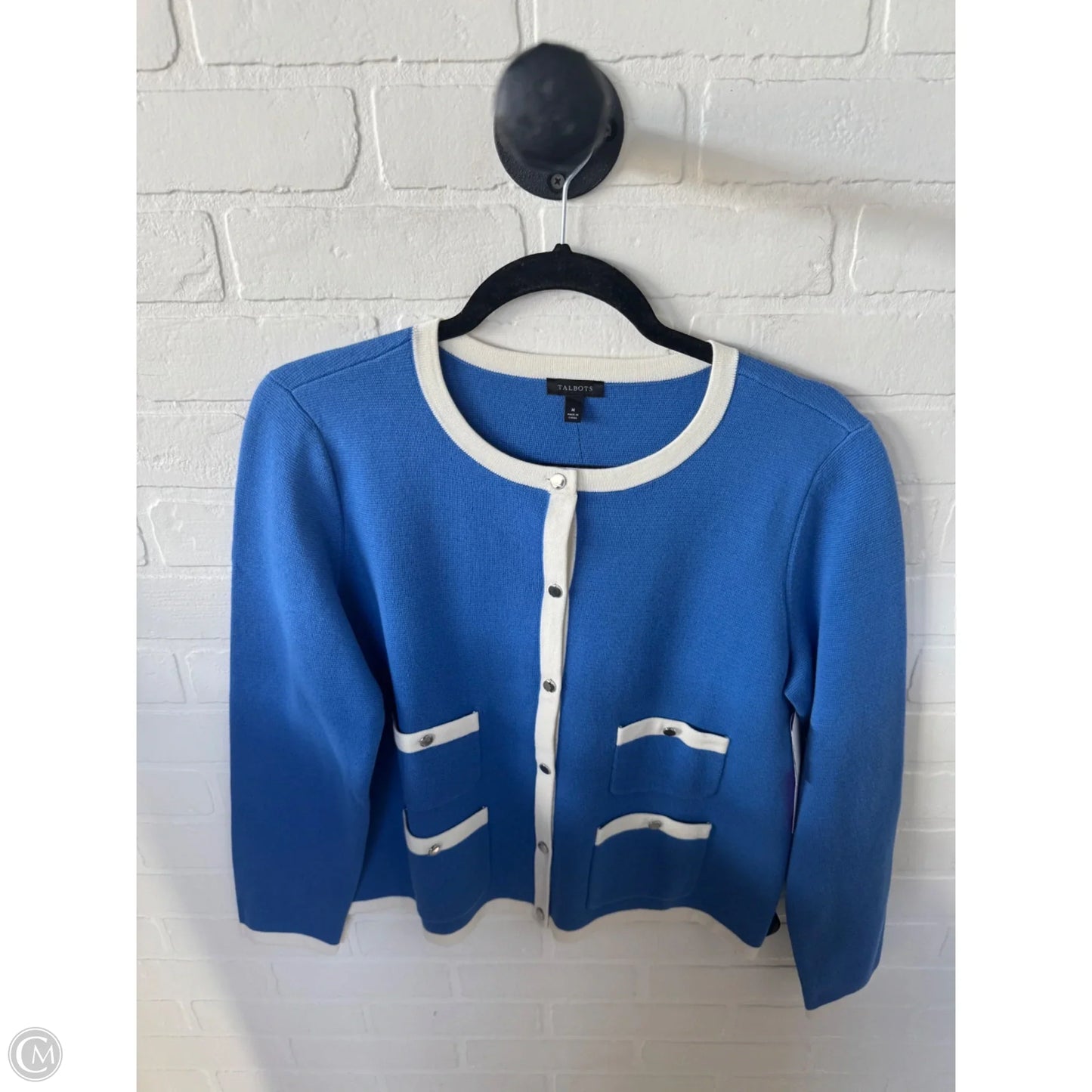 Sweater Cardigan By Talbots In Blue & White, Size: M