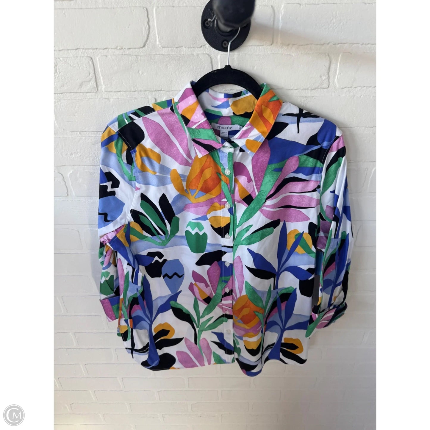 Top 3/4 Sleeve By Chicos In Purple & White, Size: M