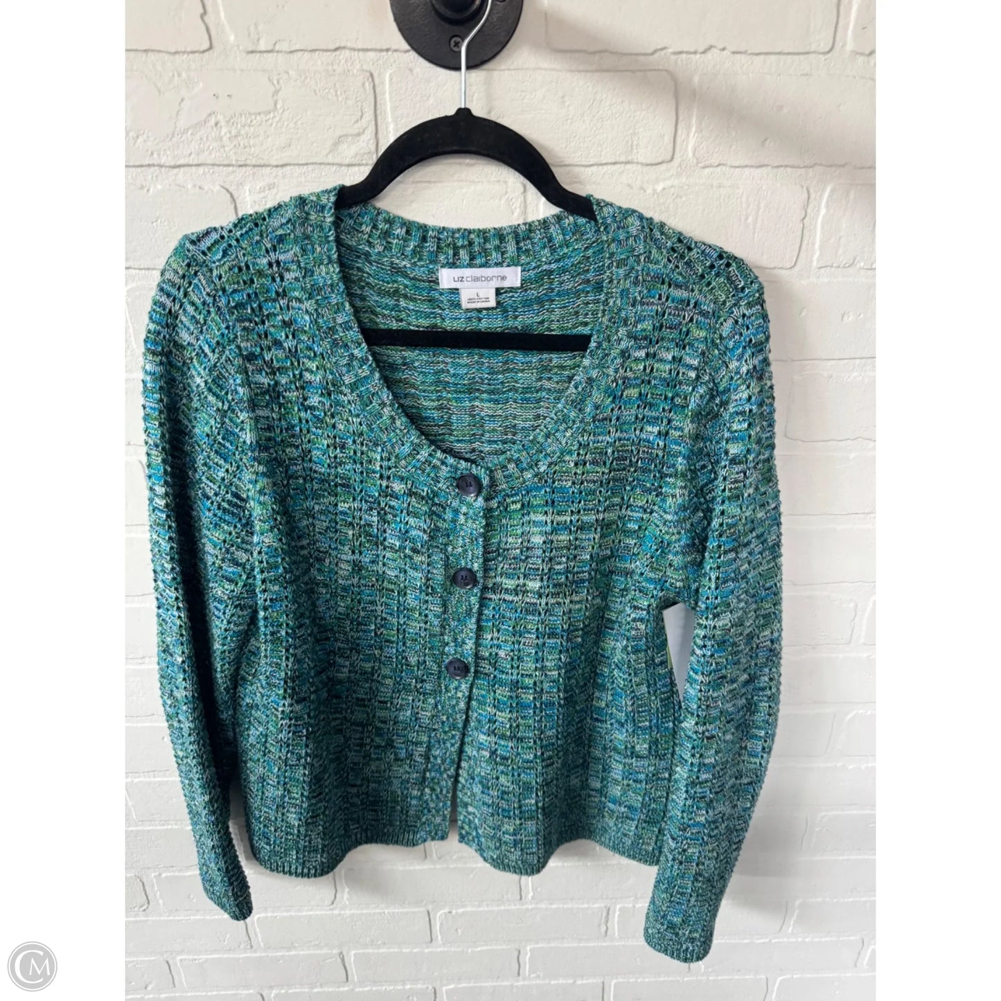Sweater Cardigan By Liz Claiborne In Blue & Green, Size: L