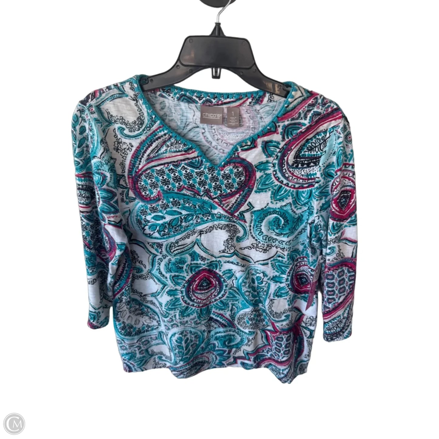 Top 3/4 Sleeve By Chicos In Blue & Tan, Size: M