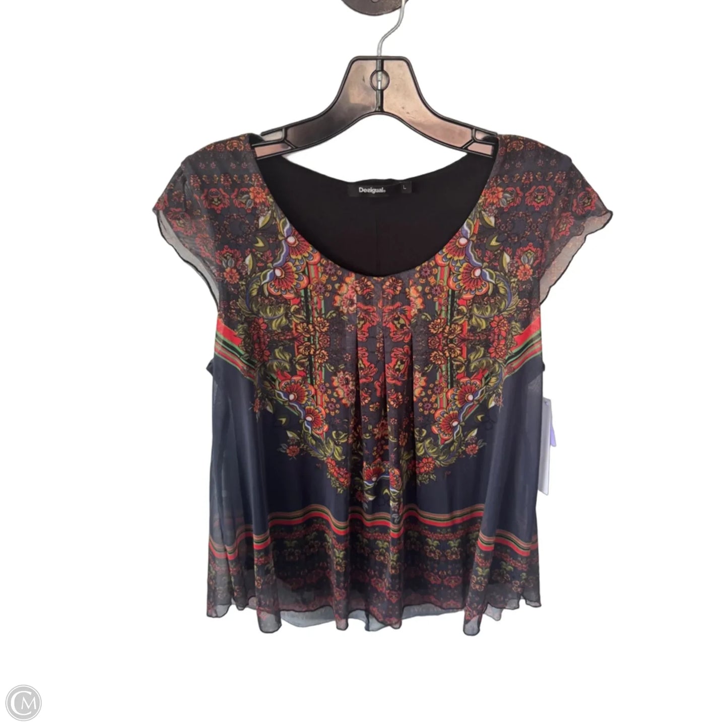 Top Short Sleeve By Desigual In Grey & Red, Size: L