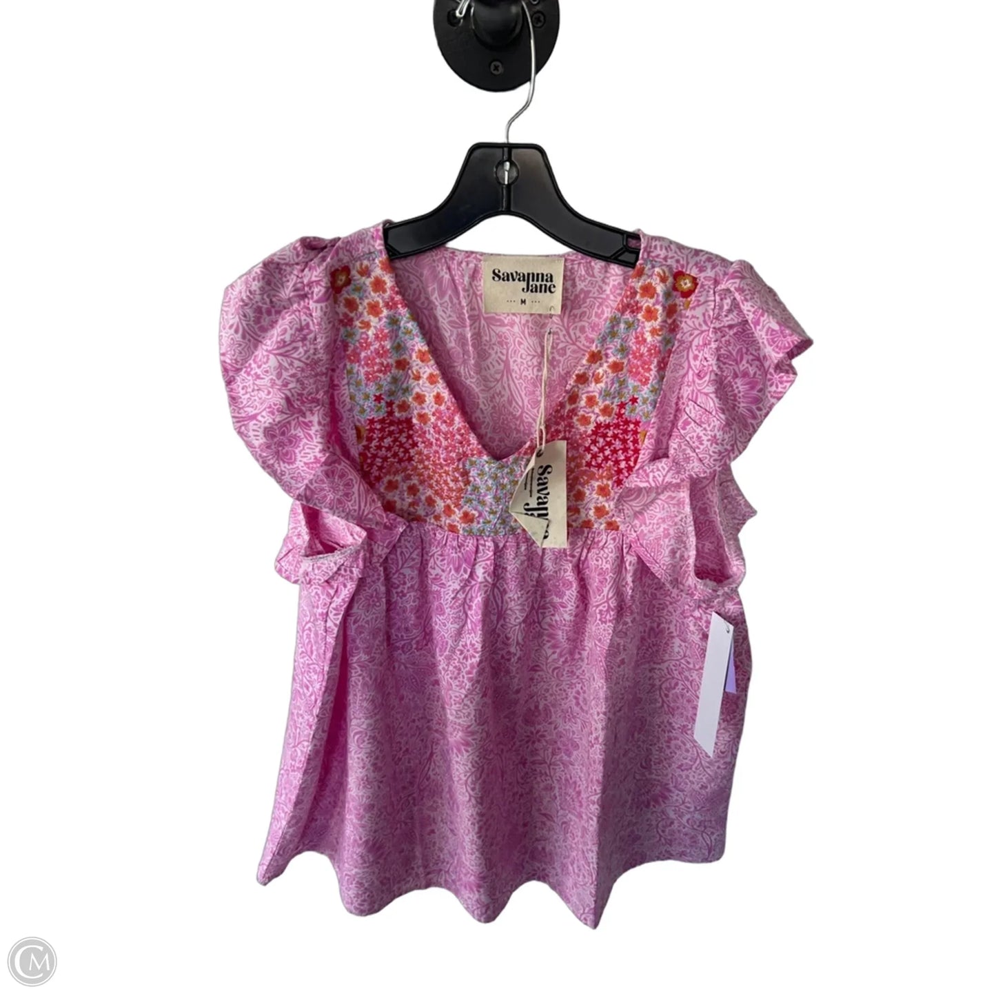 Top Short Sleeve By Savanna Jane In Pink & White, Size: M