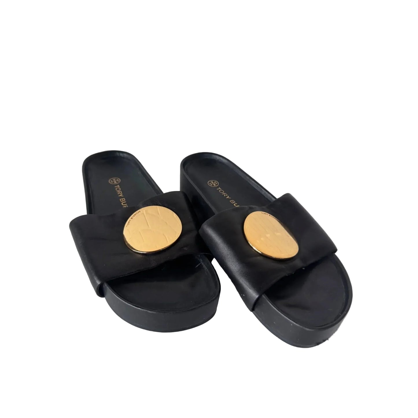 Sandals Designer By Tory Burch In Black & Gold, Size: 6.5