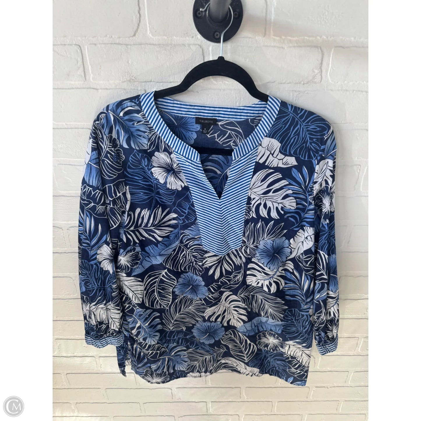 Top 3/4 Sleeve By Talbots In Blue & White, Size: M