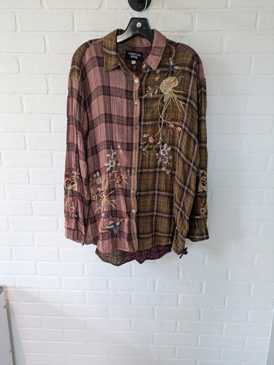 Brown & Pink Top Long Sleeve Designer Johnny Was, Size L