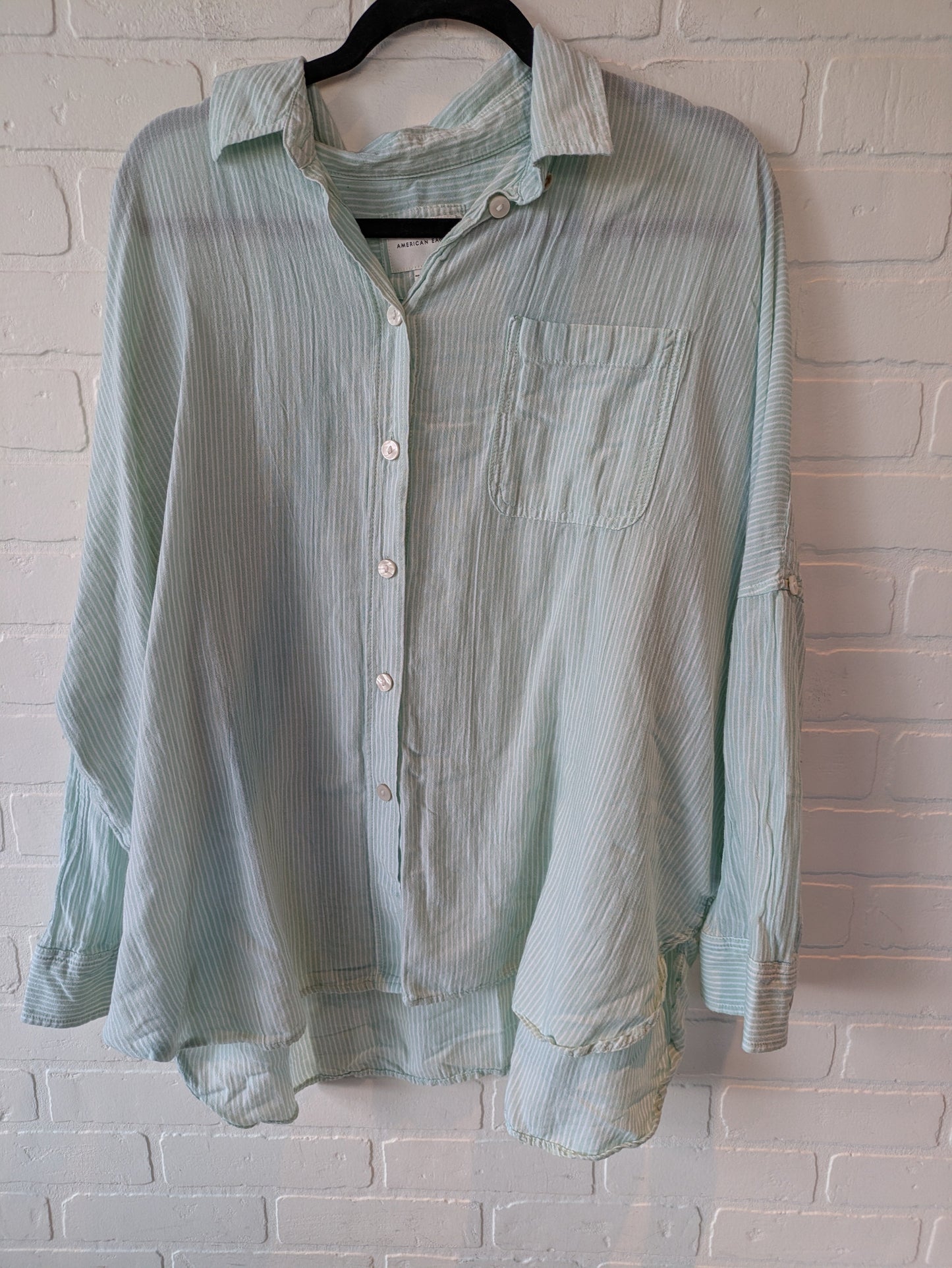 Top 3/4 Sleeve By American Eagle In Green & White, Size: S