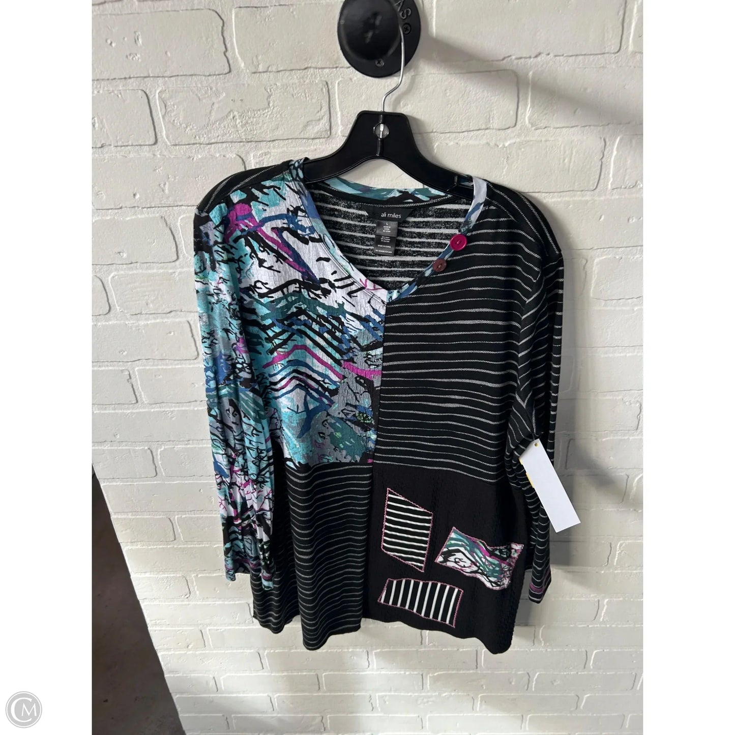Top Long Sleeve By Ali Miles In Black & White, Size: L