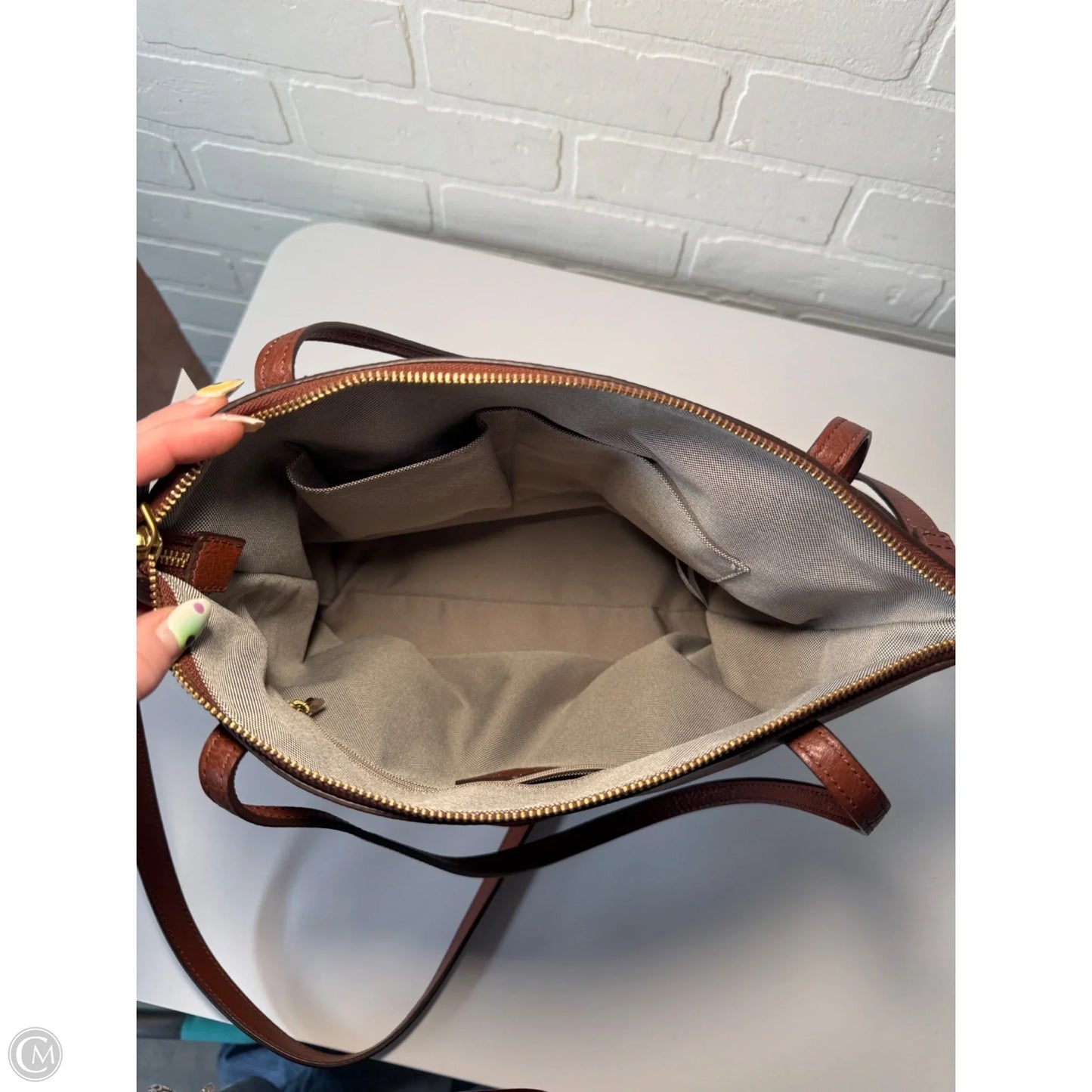 Handbag Leather By Fossil, Size: Medium