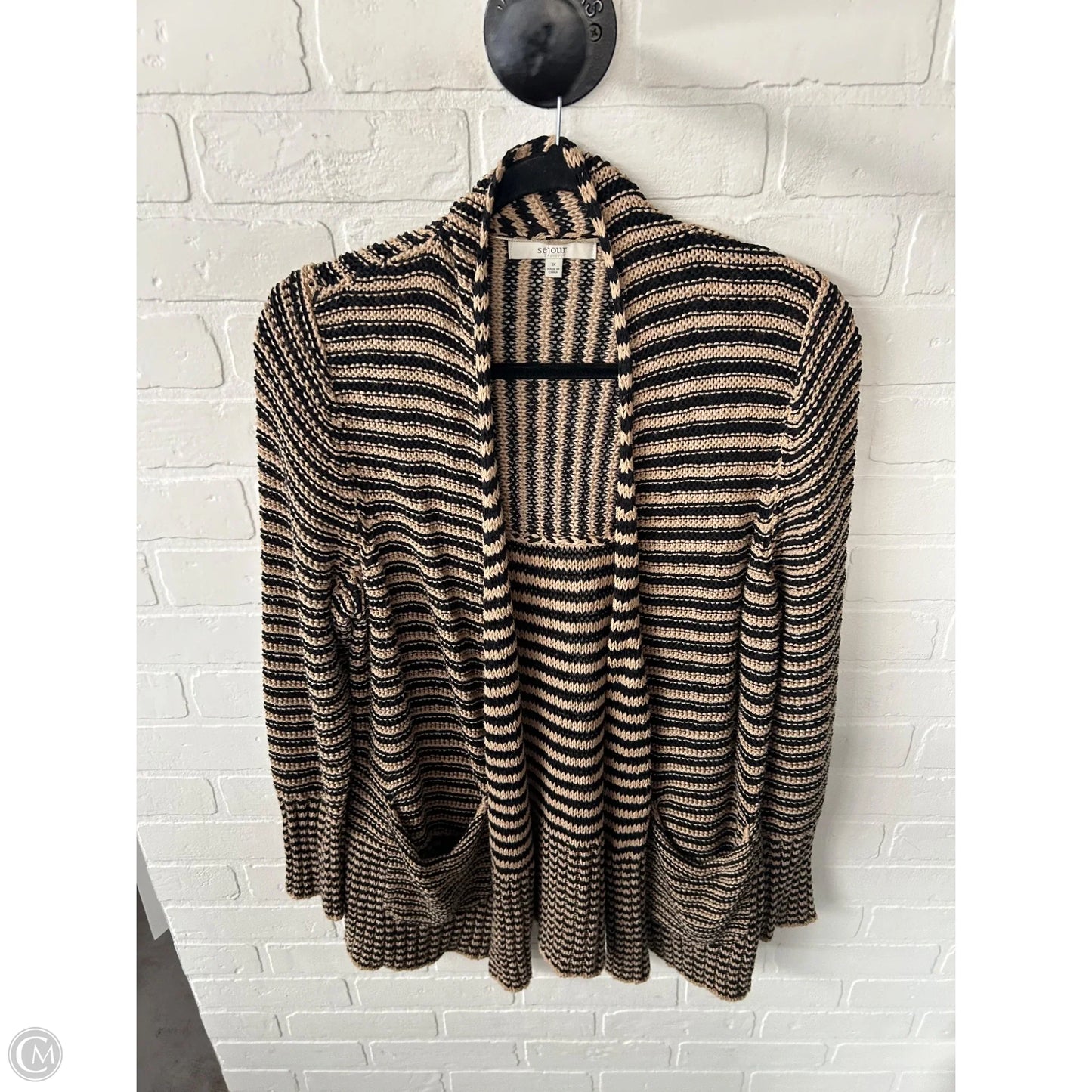 Sweater Cardigan By Sejour In Black & Tan, Size: 1x