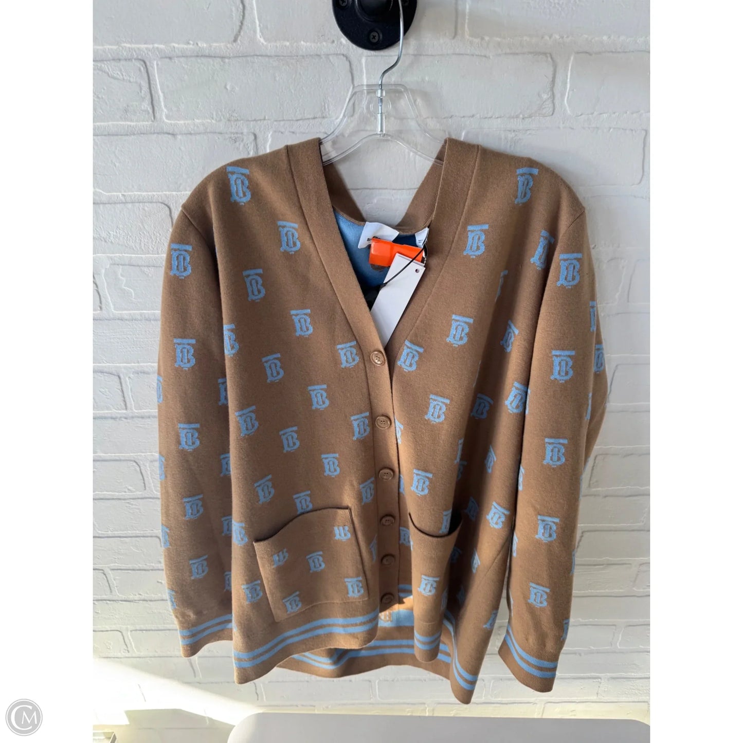 Sweater Cardigan Luxury Designer By Burberry In Blue & Tan, Size: M
