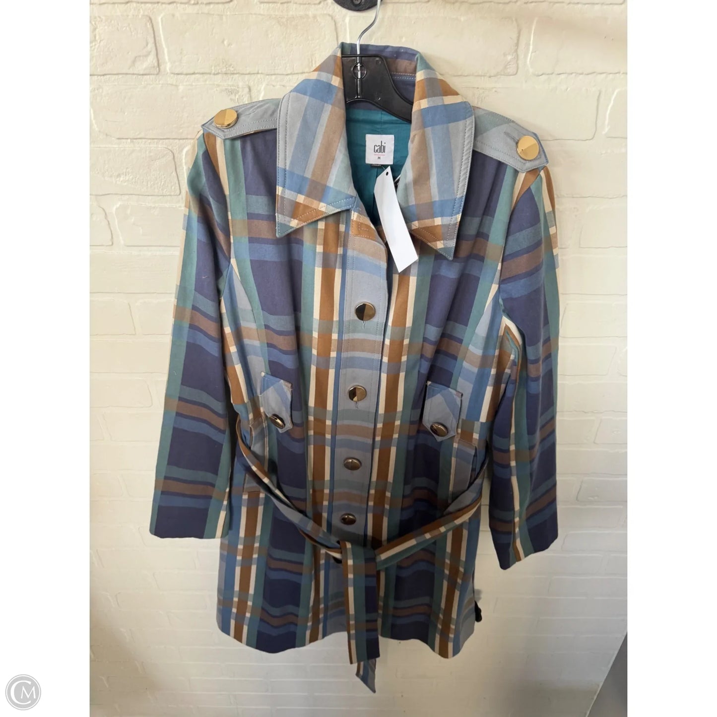 Coat Trench Coat By Cabi In Blue & Brown, Size: M
