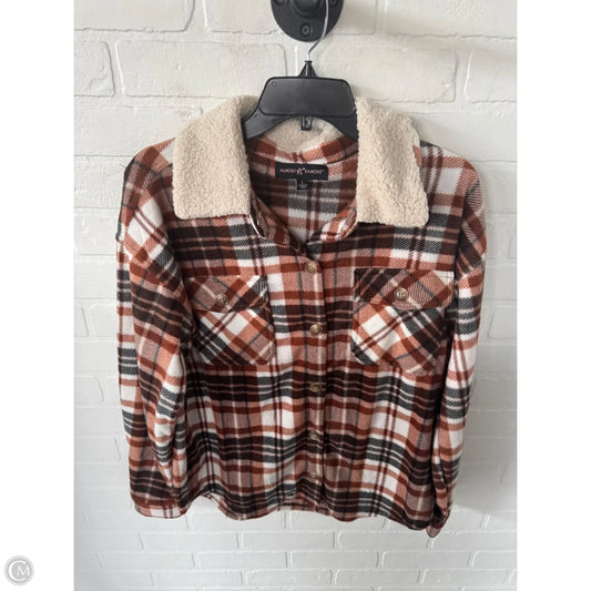 Jacket Shirt By Almost Famous In Brown & White, Size: L