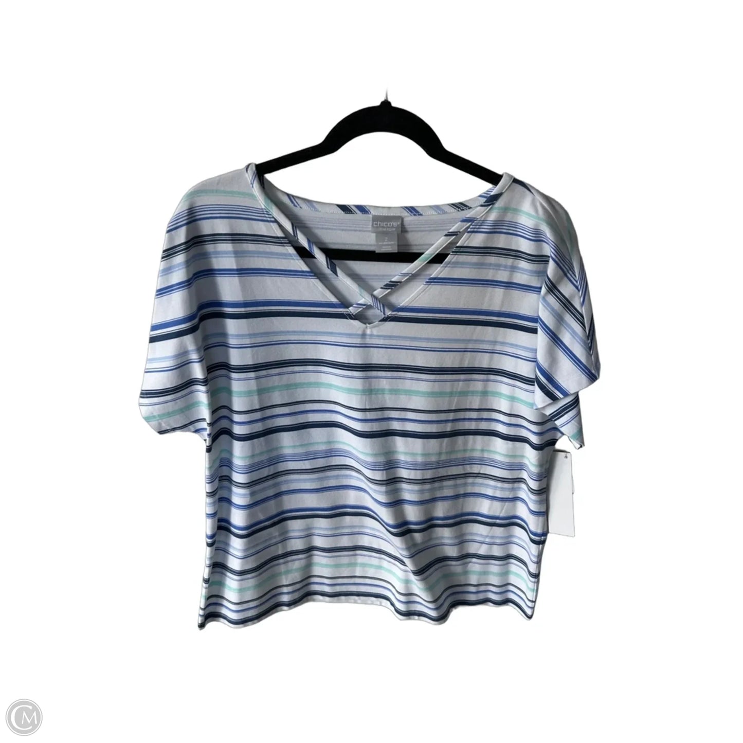 Top Short Sleeve By Chicos In Blue & White, Size: L