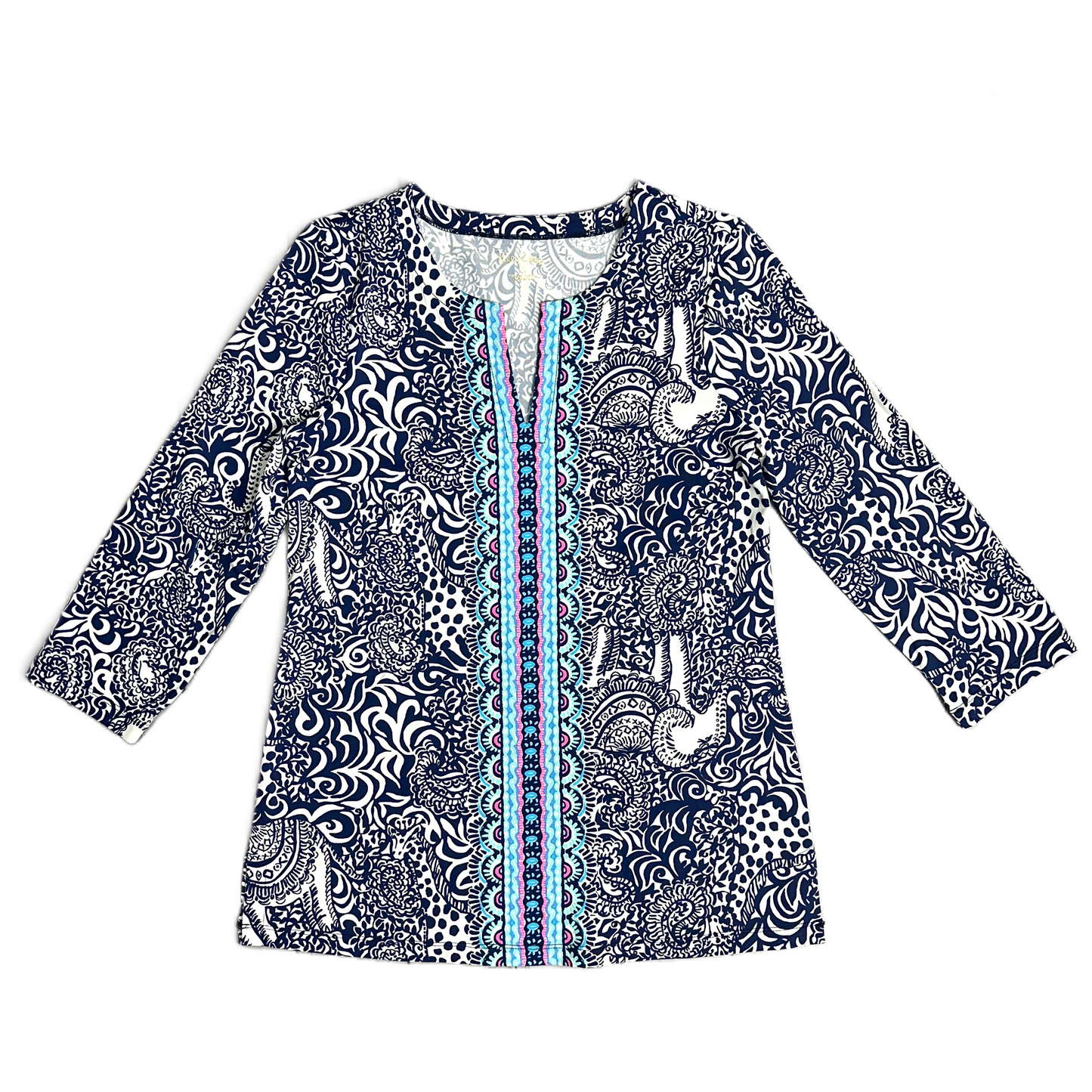 Top 3/4 Sleeve Designer By Lilly Pulitzer In Blue & White, Size: S